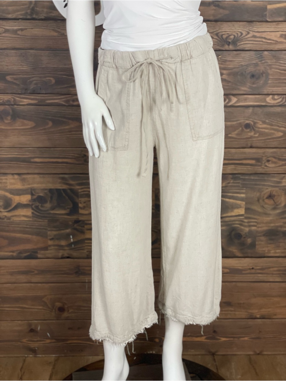 Thread & Supply | Natural Linen Blend Cropped Drawstring Wide-Leg Pants Frayed‎
